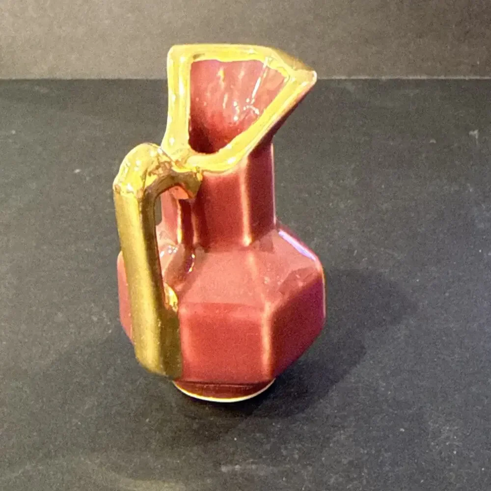 Vintage Set of 4 Mini Pottery Pitchers Colorful Gold Trim Studio Art Style